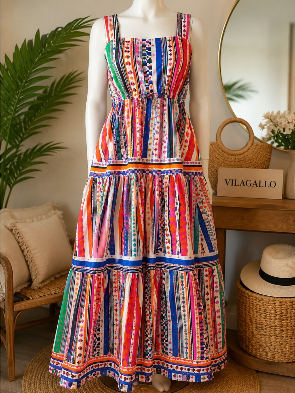 Vilagallo Colorful Geometric Print Linen Cotton Maxi Dress Size 42